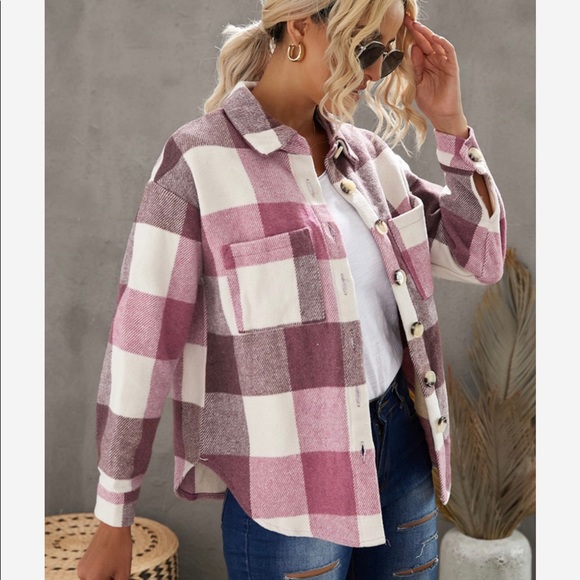Pink/Off White Plaid Shirt Jacket, Shacket! * - Picture 10 of 10